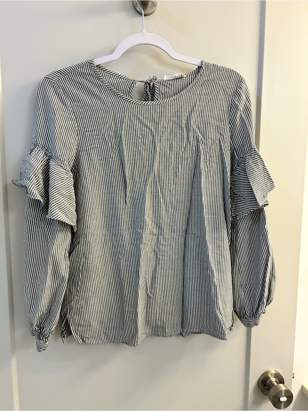 Pleione Striped Ruffle-Sleeve Blouse